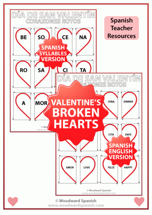 Spanish Valentine's Day Flash Cards using broken hearts with syllables on each side