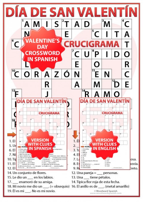 Valentine s Day Crossword in Spanish Crucigrama Día de San Valentín