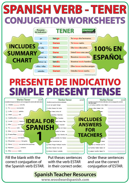 TENER Spanish Verb Conjugation Worksheets Present Tense Woodward 