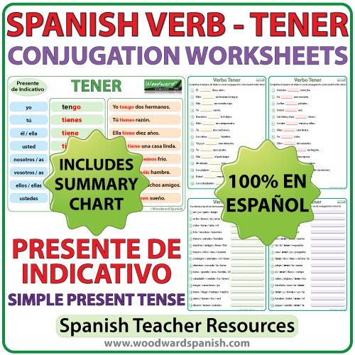 TENER Spanish Verb Conjugation Worksheets Present Tense Woodward 